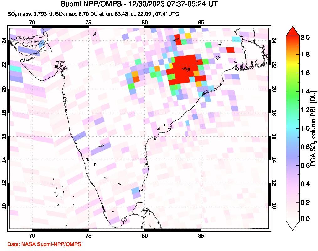 A sulfur dioxide image over India on Dec 30, 2023.