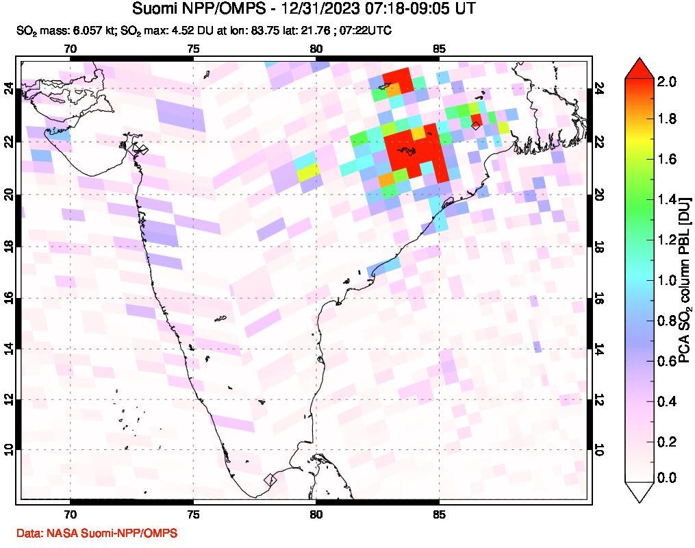 A sulfur dioxide image over India on Dec 31, 2023.