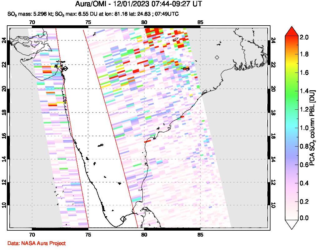 A sulfur dioxide image over India on Dec 01, 2023.