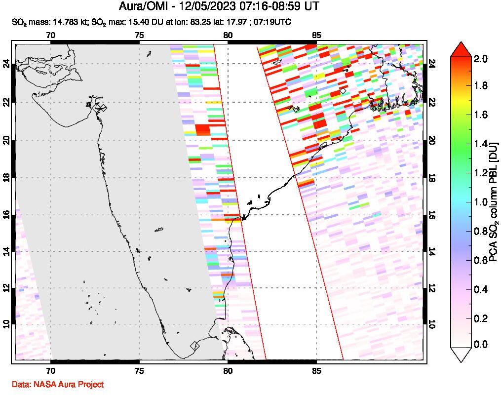 A sulfur dioxide image over India on Dec 05, 2023.