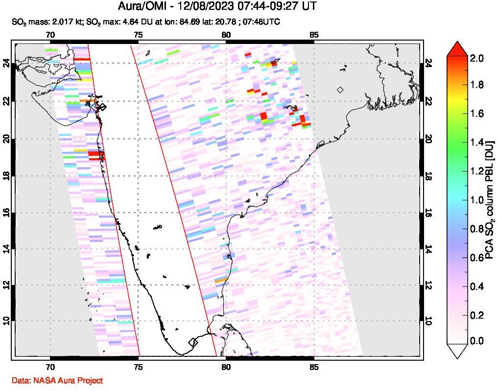 A sulfur dioxide image over India on Dec 08, 2023.