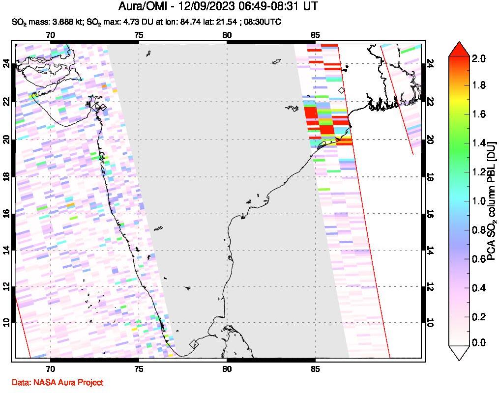 A sulfur dioxide image over India on Dec 09, 2023.