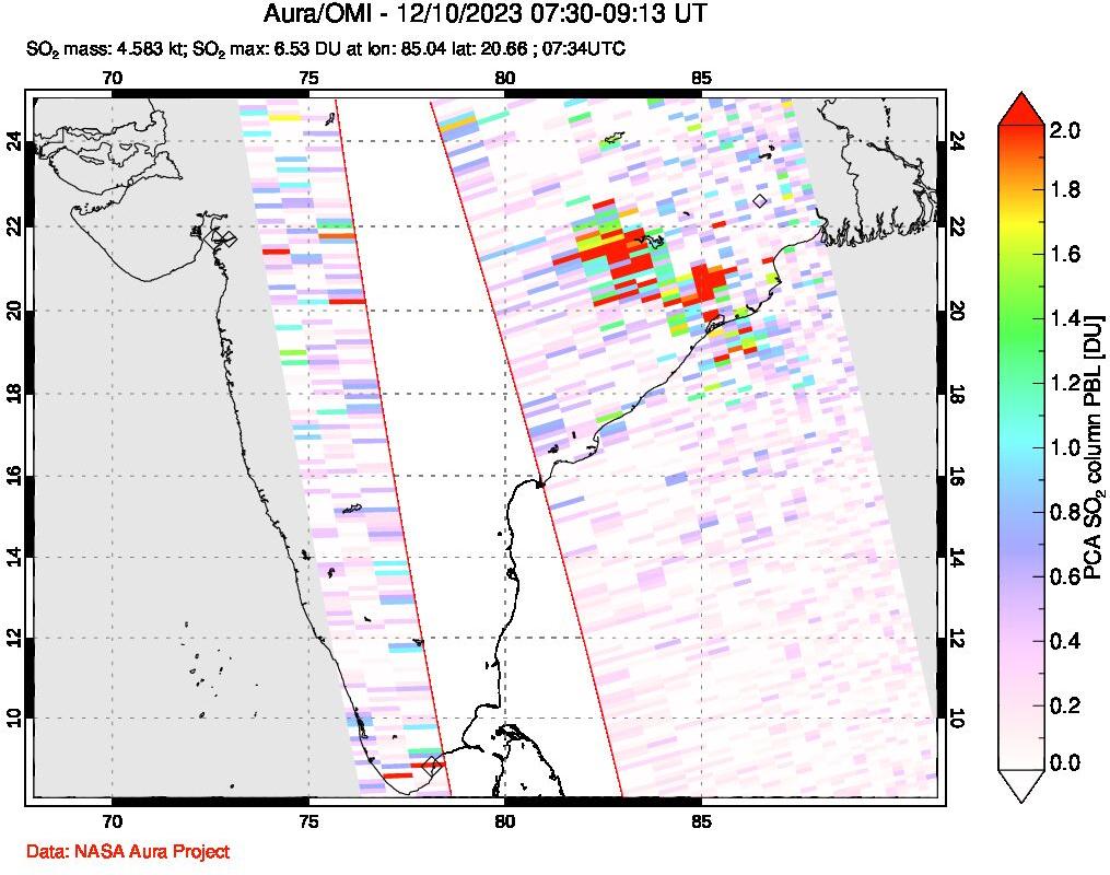 A sulfur dioxide image over India on Dec 10, 2023.