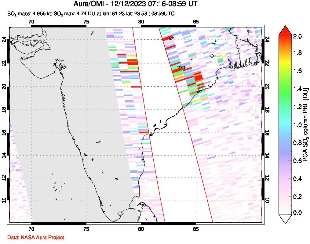 A sulfur dioxide image over India on Dec 12, 2023.