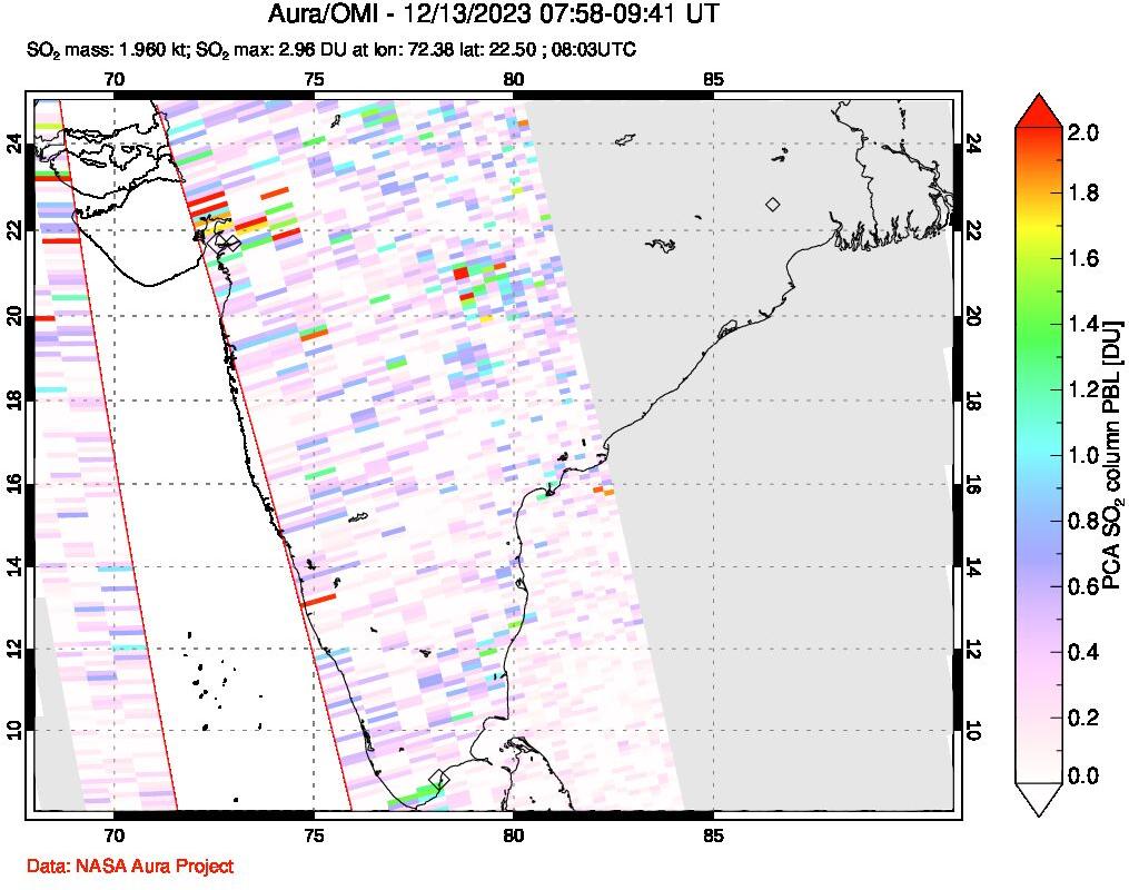 A sulfur dioxide image over India on Dec 13, 2023.