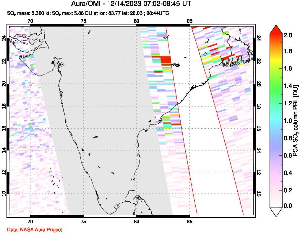 A sulfur dioxide image over India on Dec 14, 2023.