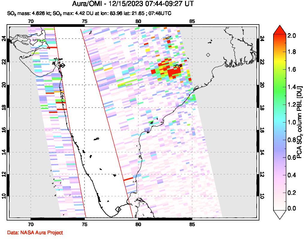 A sulfur dioxide image over India on Dec 15, 2023.