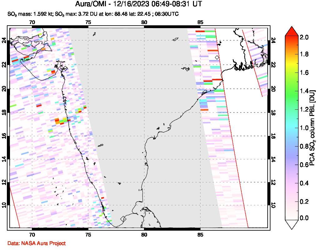 A sulfur dioxide image over India on Dec 16, 2023.