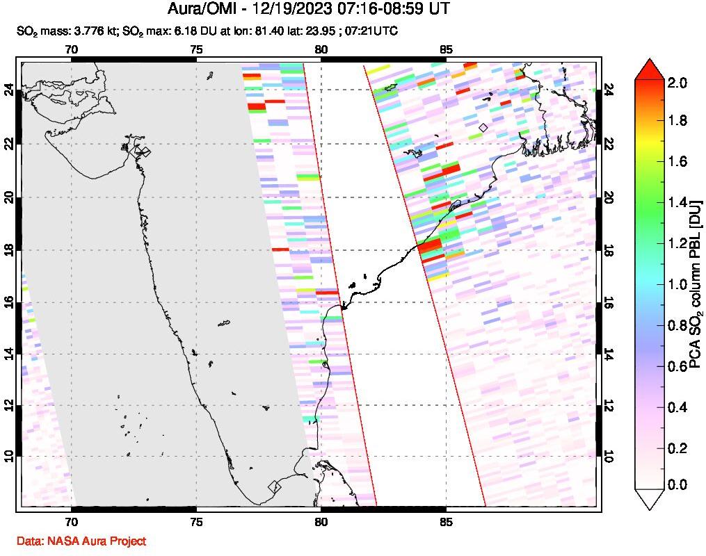 A sulfur dioxide image over India on Dec 19, 2023.