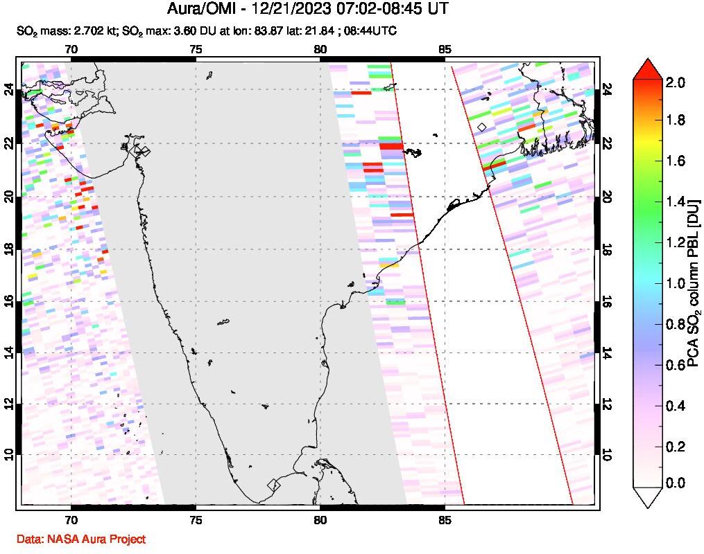 A sulfur dioxide image over India on Dec 21, 2023.