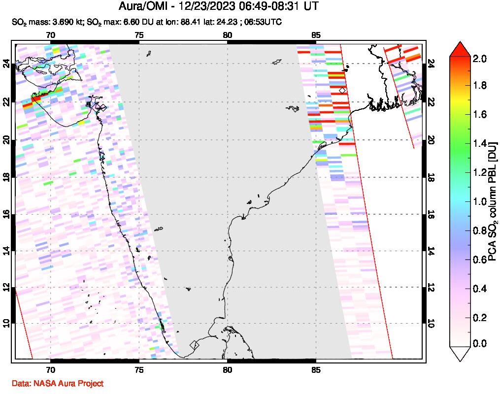 A sulfur dioxide image over India on Dec 23, 2023.