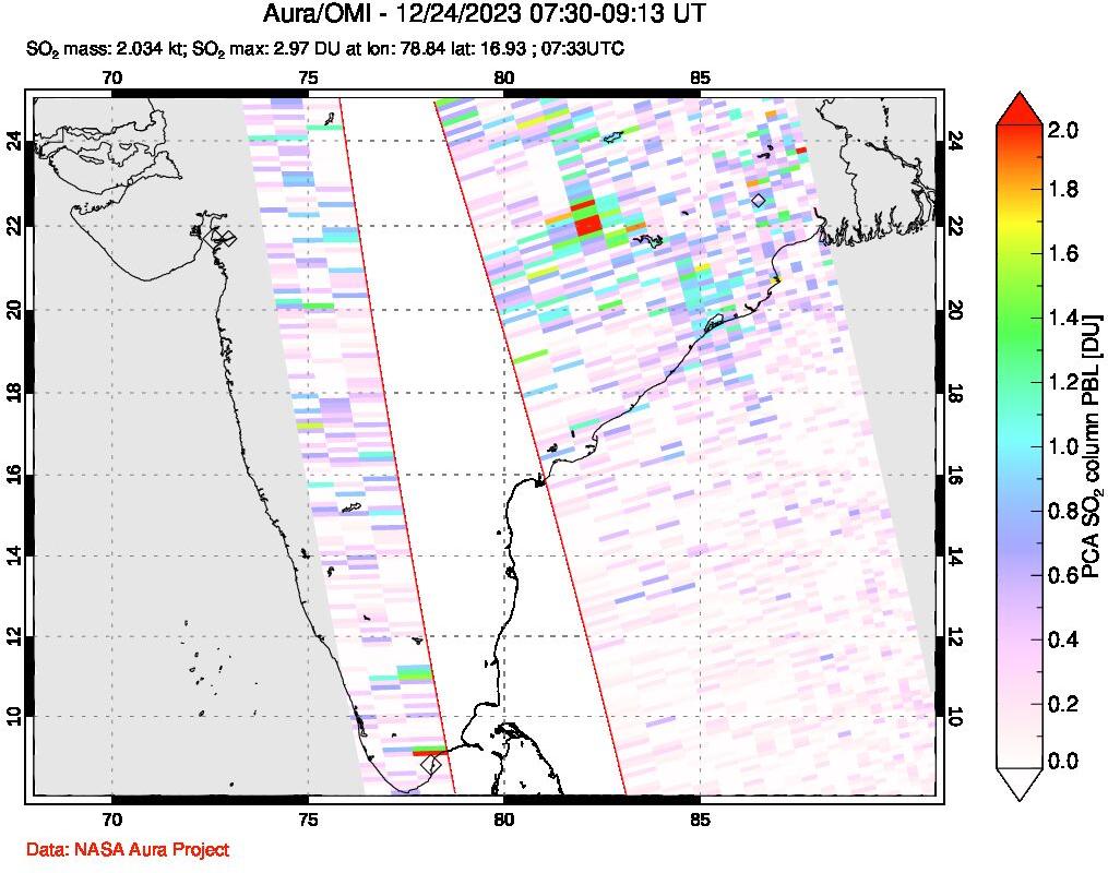 A sulfur dioxide image over India on Dec 24, 2023.