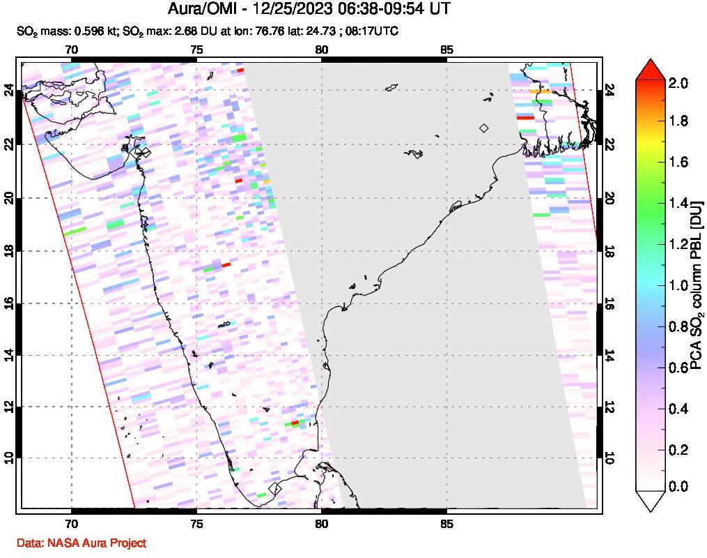 A sulfur dioxide image over India on Dec 25, 2023.