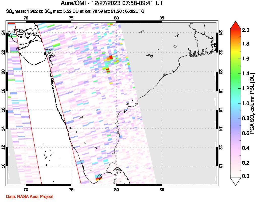 A sulfur dioxide image over India on Dec 27, 2023.