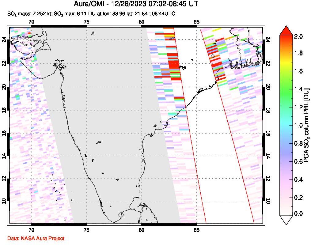 A sulfur dioxide image over India on Dec 28, 2023.