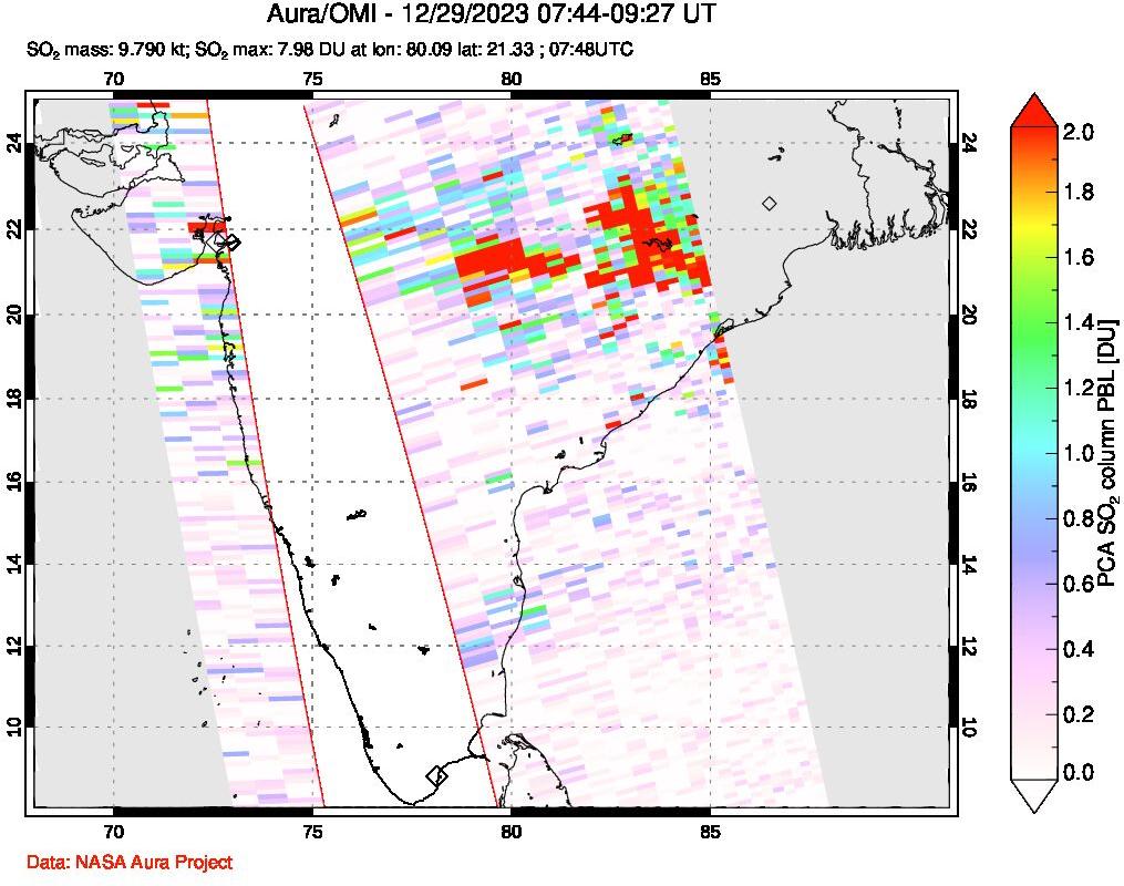 A sulfur dioxide image over India on Dec 29, 2023.