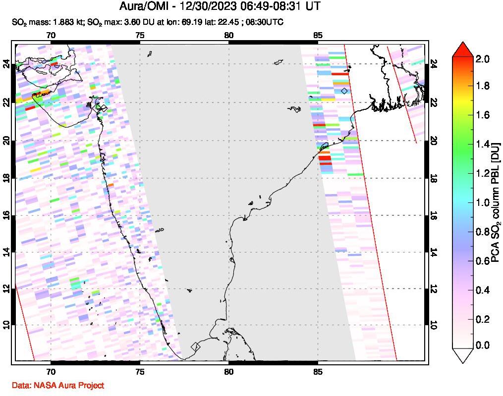 A sulfur dioxide image over India on Dec 30, 2023.