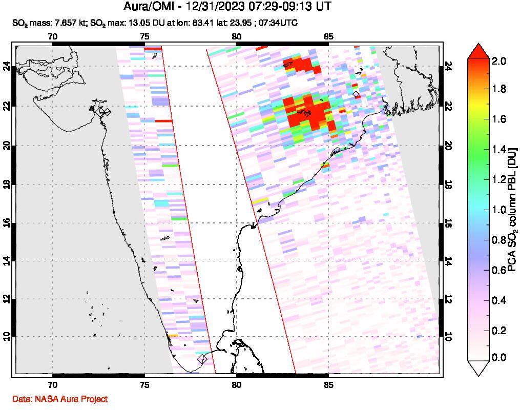 A sulfur dioxide image over India on Dec 31, 2023.
