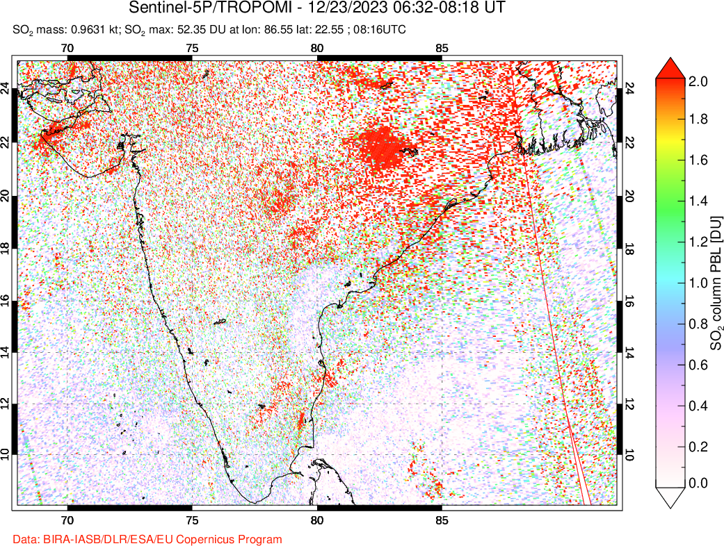 A sulfur dioxide image over India on Dec 23, 2023.