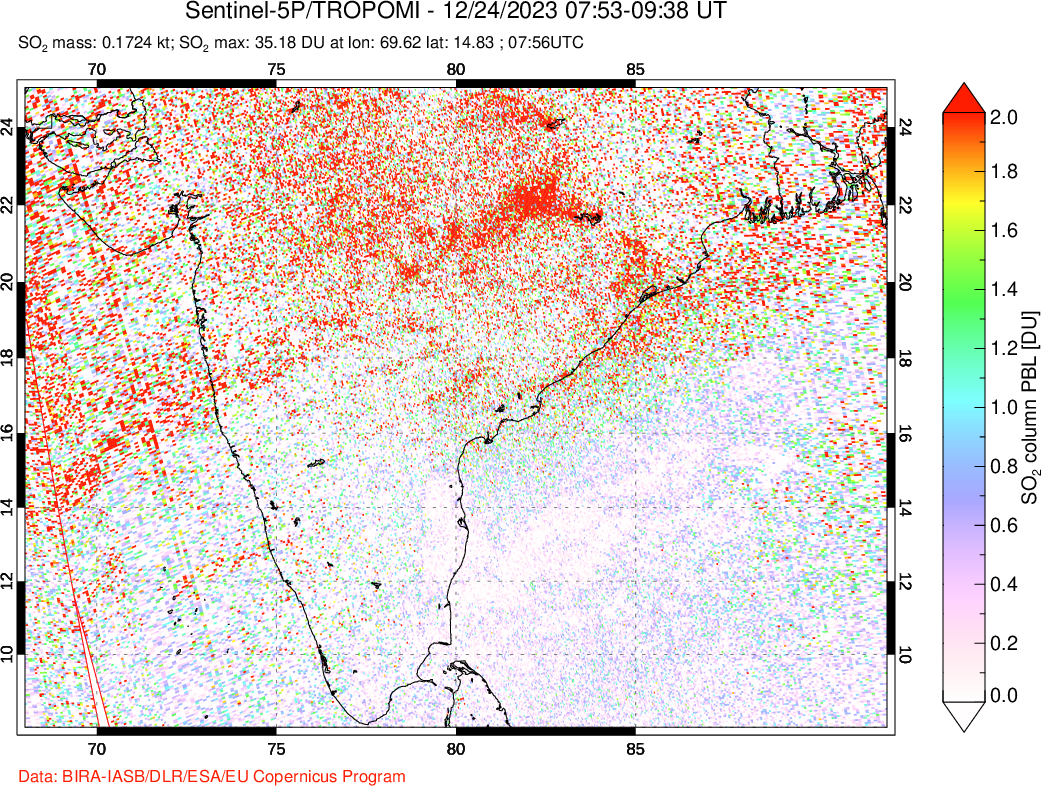 A sulfur dioxide image over India on Dec 24, 2023.