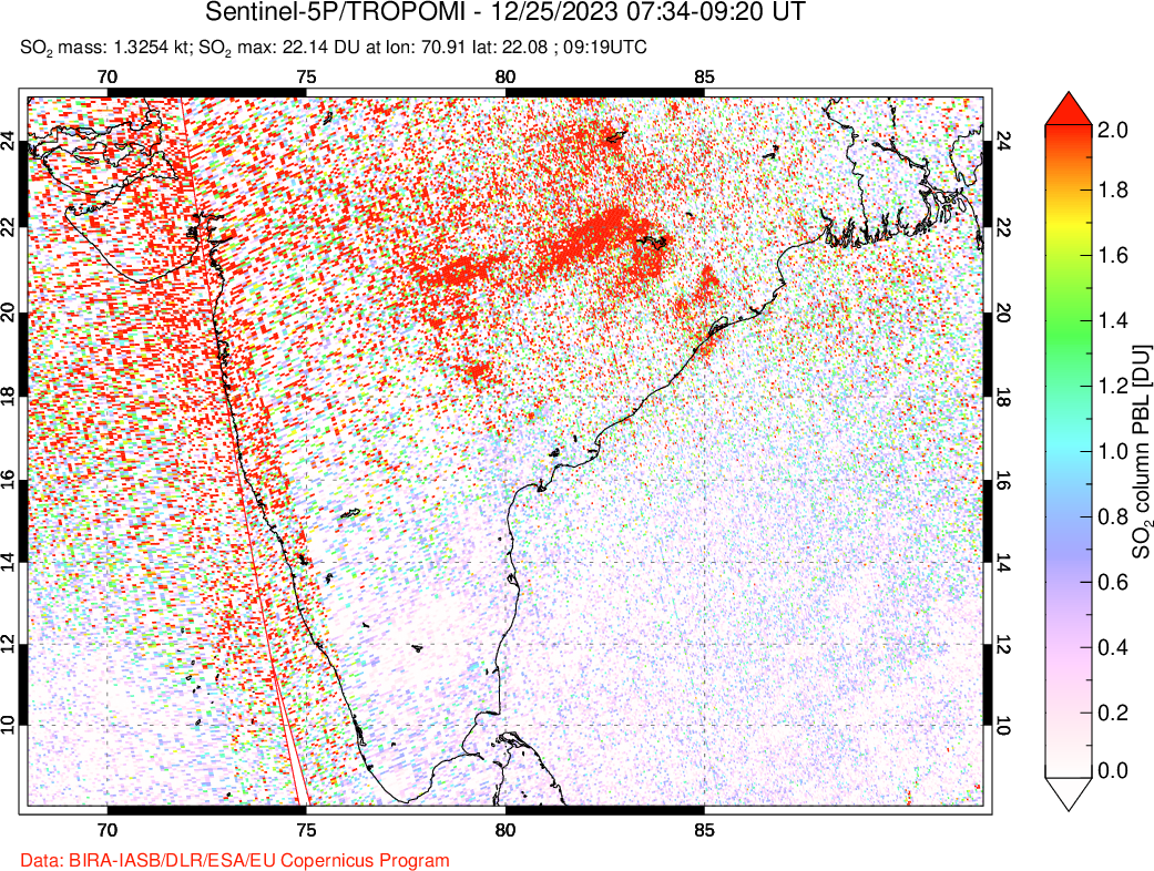 A sulfur dioxide image over India on Dec 25, 2023.