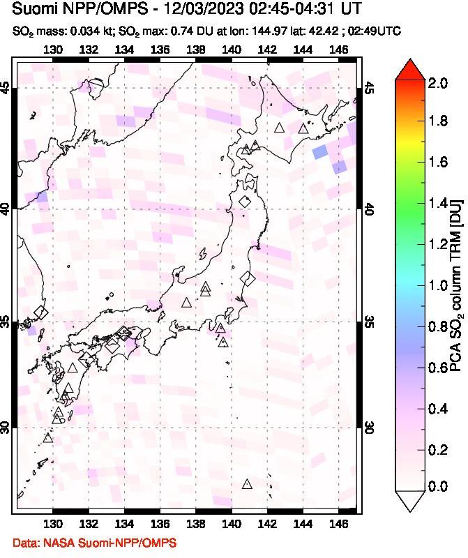 A sulfur dioxide image over Japan on Dec 03, 2023.