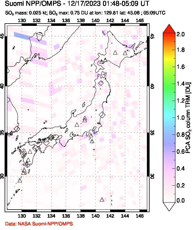 A sulfur dioxide image over Japan on Dec 17, 2023.