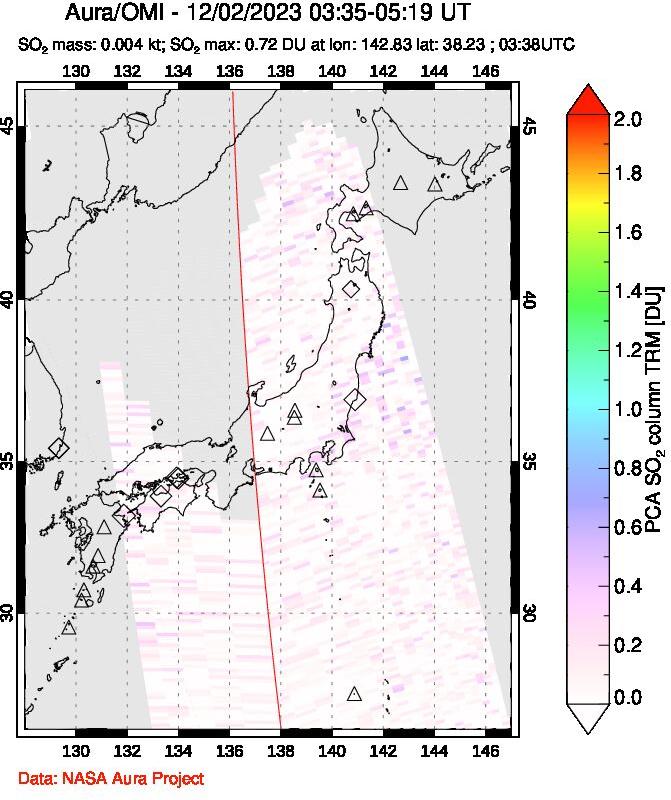 A sulfur dioxide image over Japan on Dec 02, 2023.