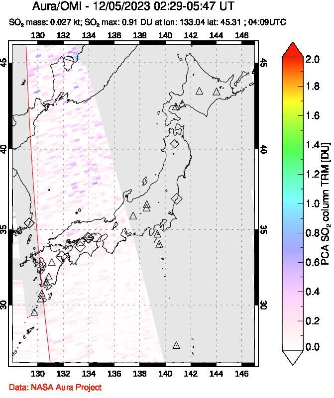 A sulfur dioxide image over Japan on Dec 05, 2023.