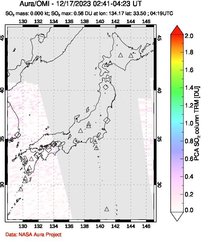 A sulfur dioxide image over Japan on Dec 17, 2023.