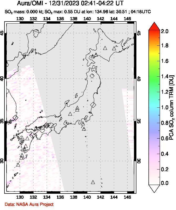A sulfur dioxide image over Japan on Dec 31, 2023.