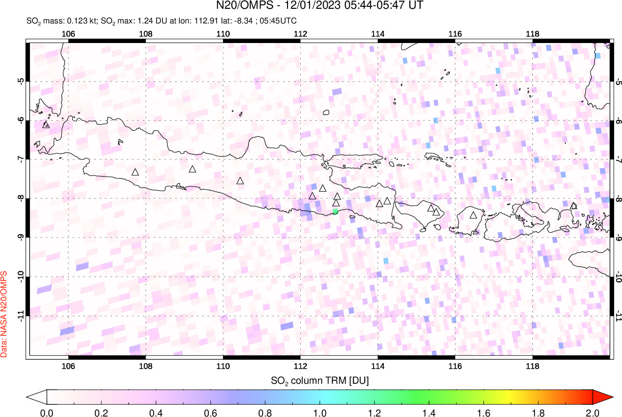 A sulfur dioxide image over Java, Indonesia on Dec 01, 2023.