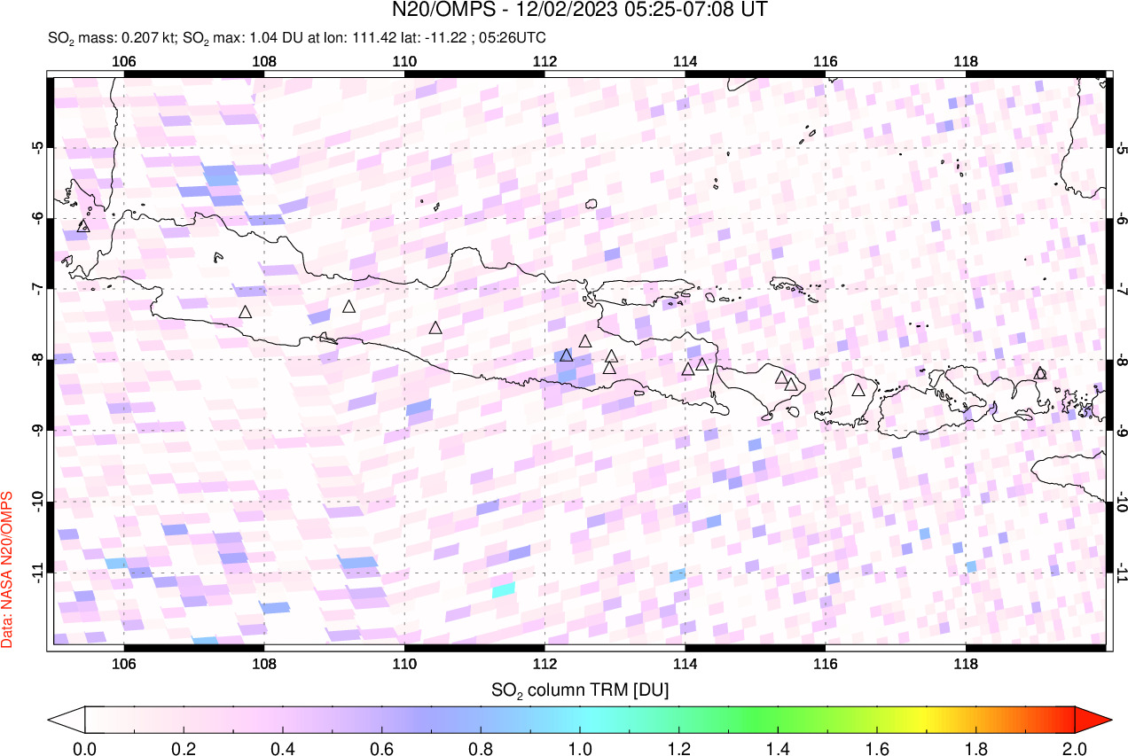 A sulfur dioxide image over Java, Indonesia on Dec 02, 2023.