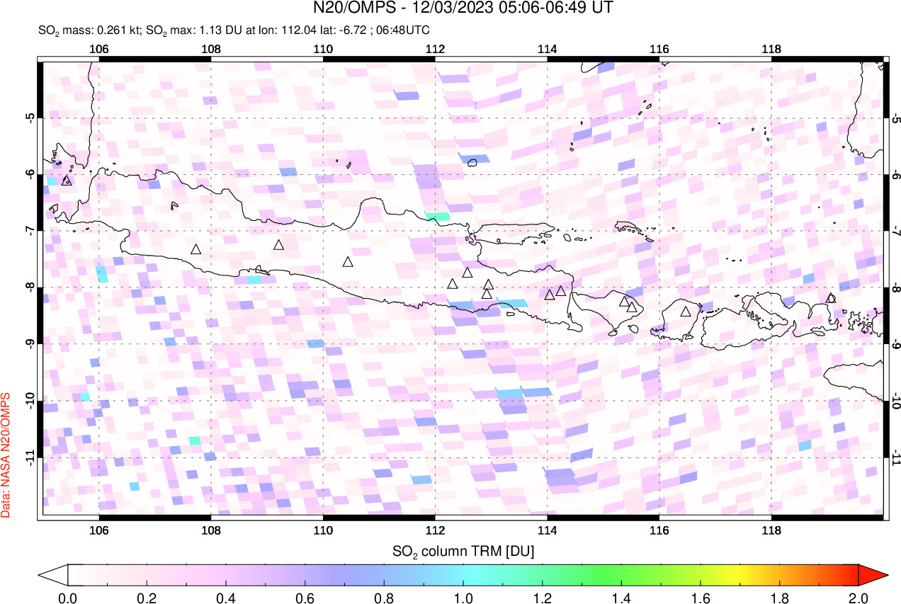 A sulfur dioxide image over Java, Indonesia on Dec 03, 2023.