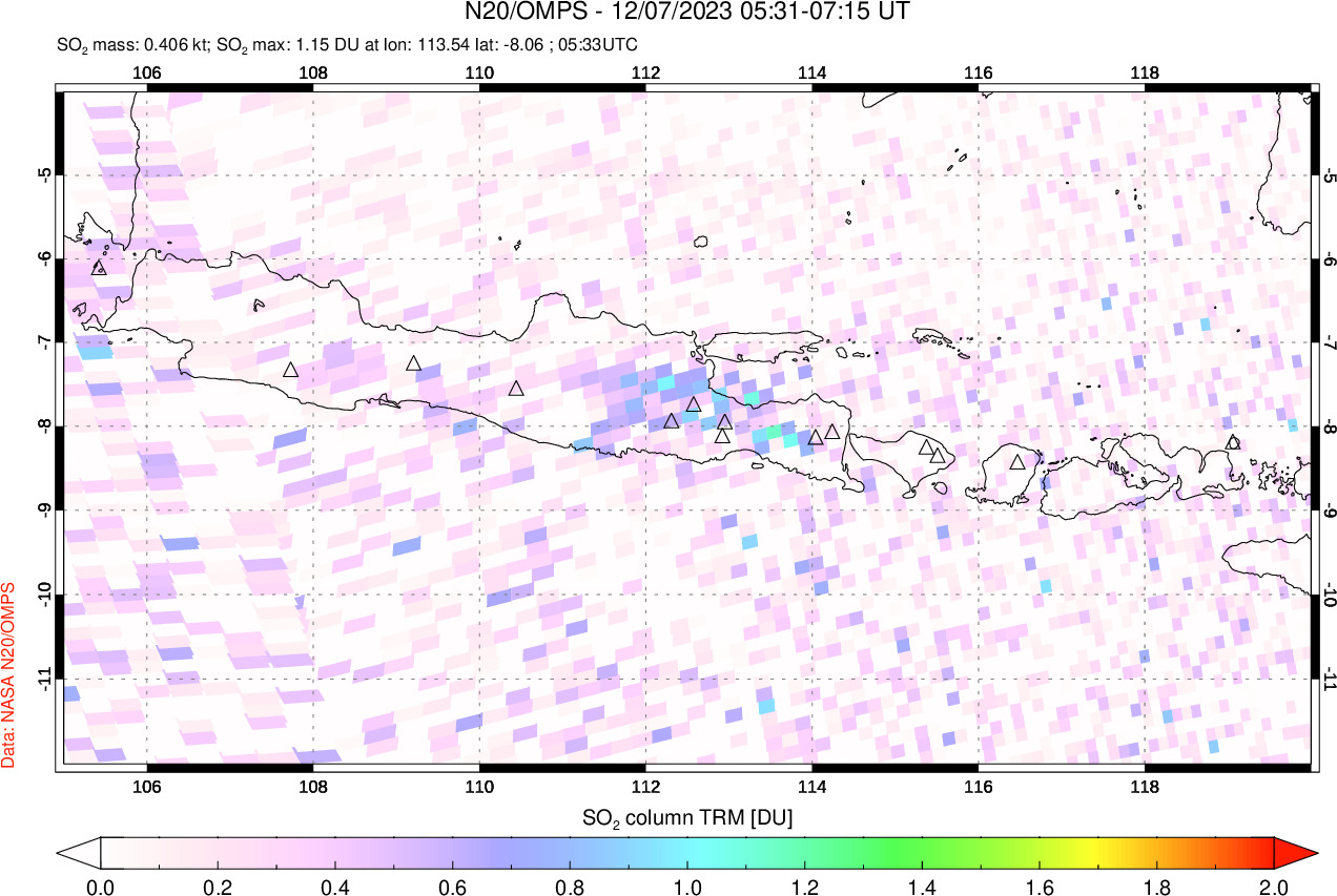 A sulfur dioxide image over Java, Indonesia on Dec 07, 2023.