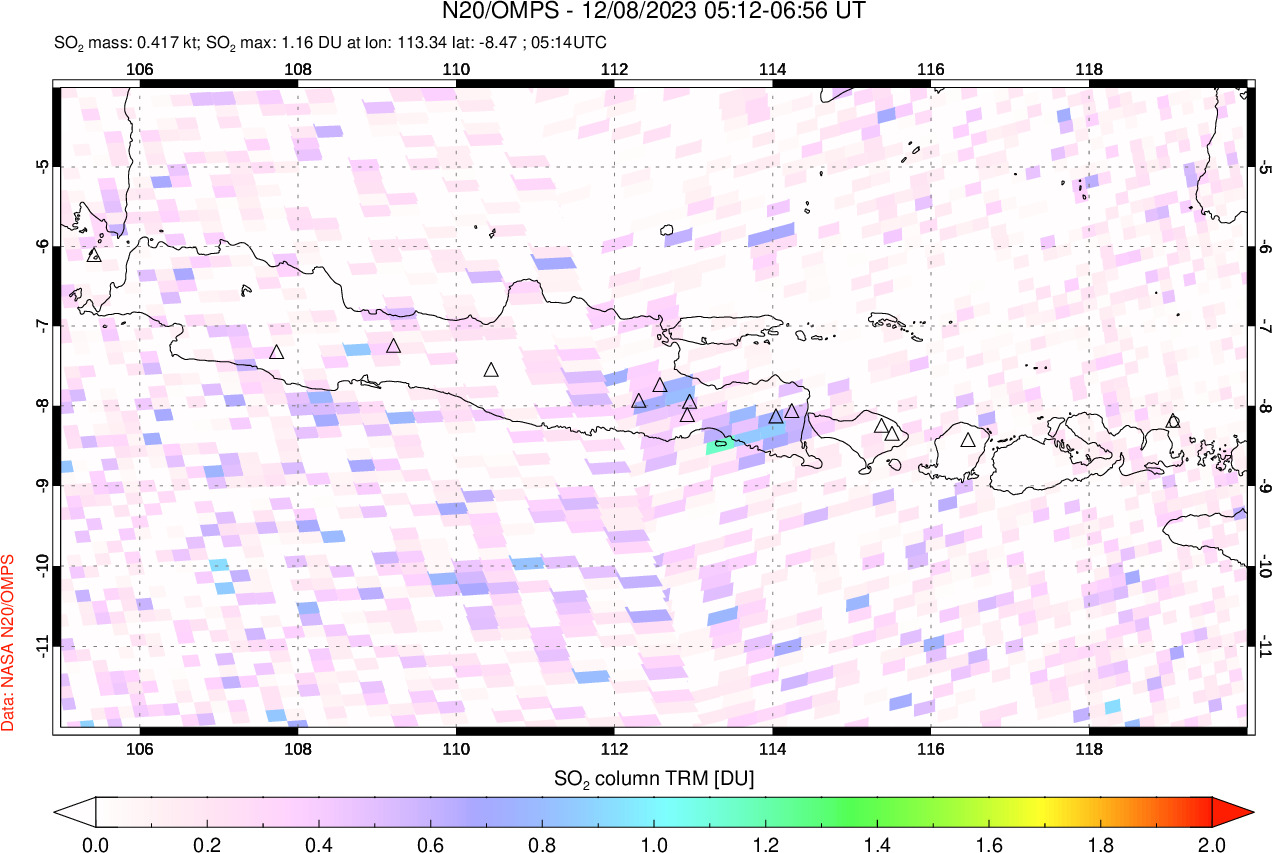 A sulfur dioxide image over Java, Indonesia on Dec 08, 2023.