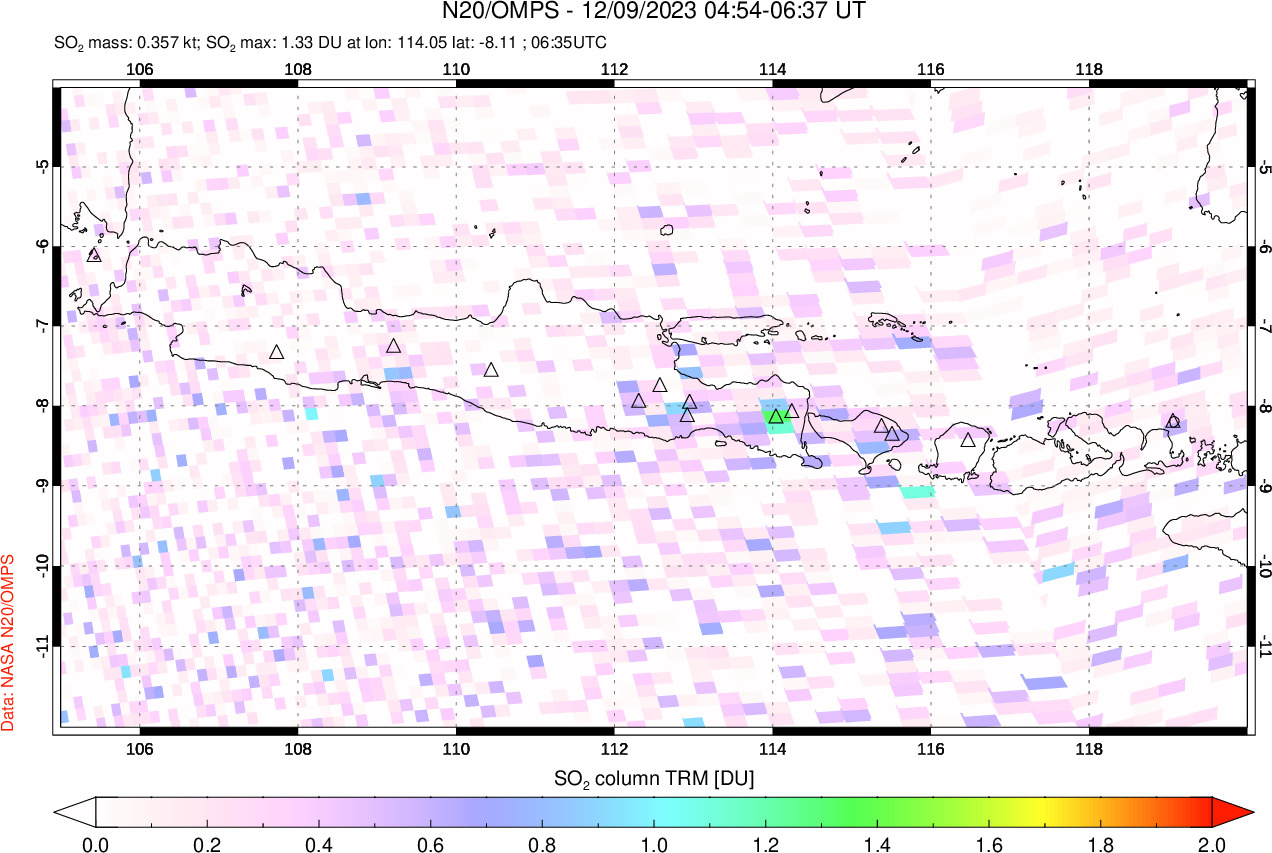 A sulfur dioxide image over Java, Indonesia on Dec 09, 2023.