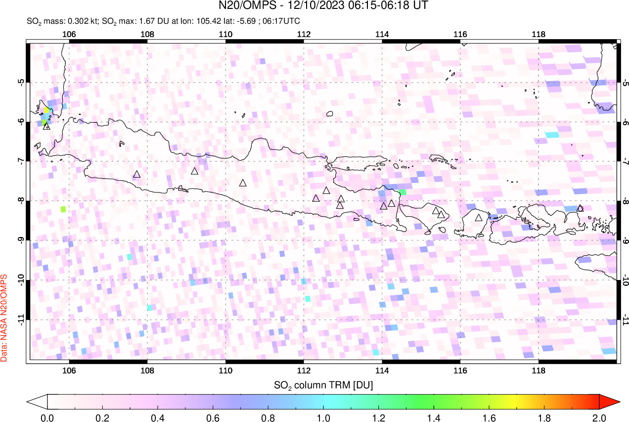 A sulfur dioxide image over Java, Indonesia on Dec 10, 2023.