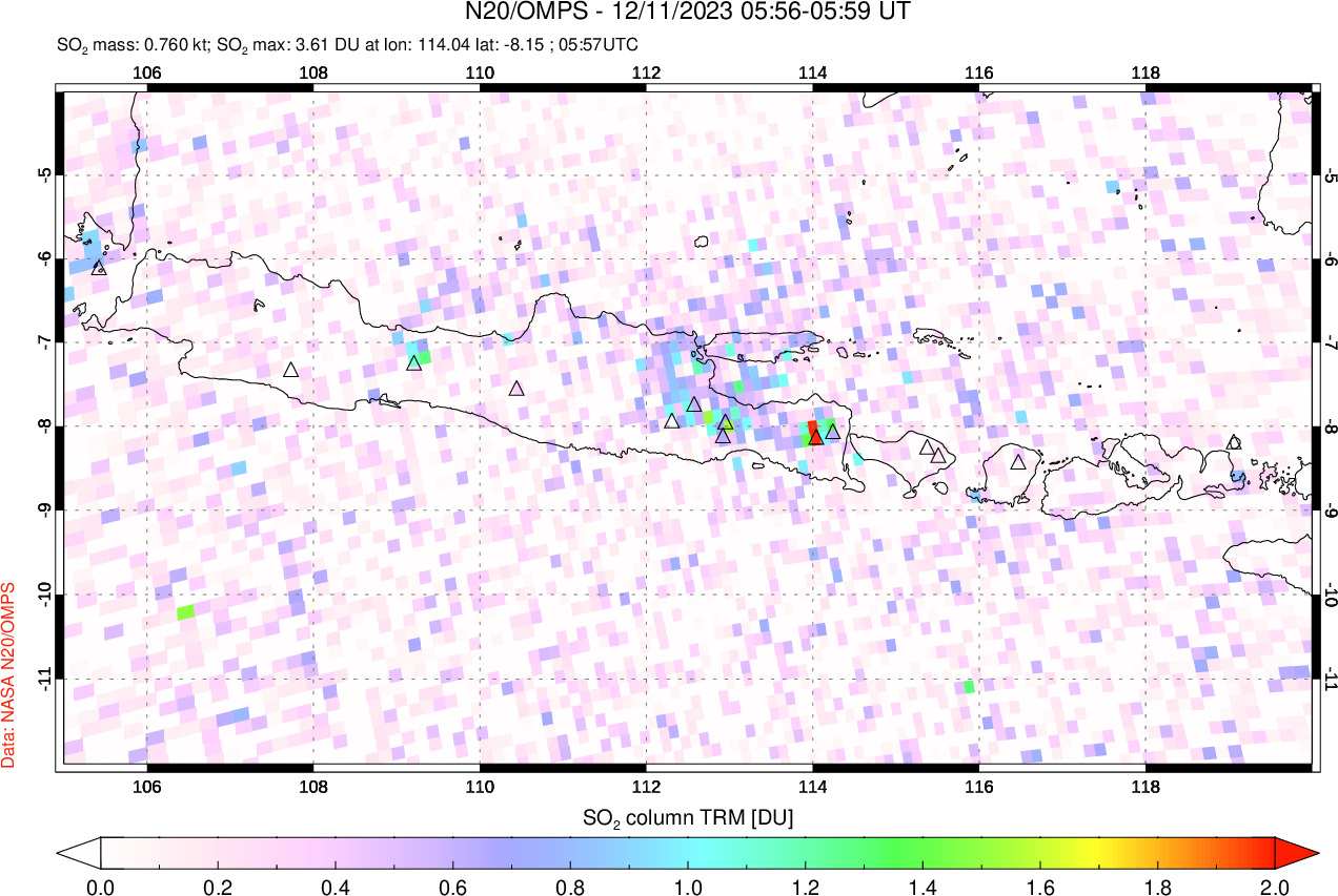 A sulfur dioxide image over Java, Indonesia on Dec 11, 2023.