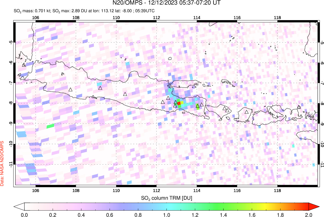 A sulfur dioxide image over Java, Indonesia on Dec 12, 2023.