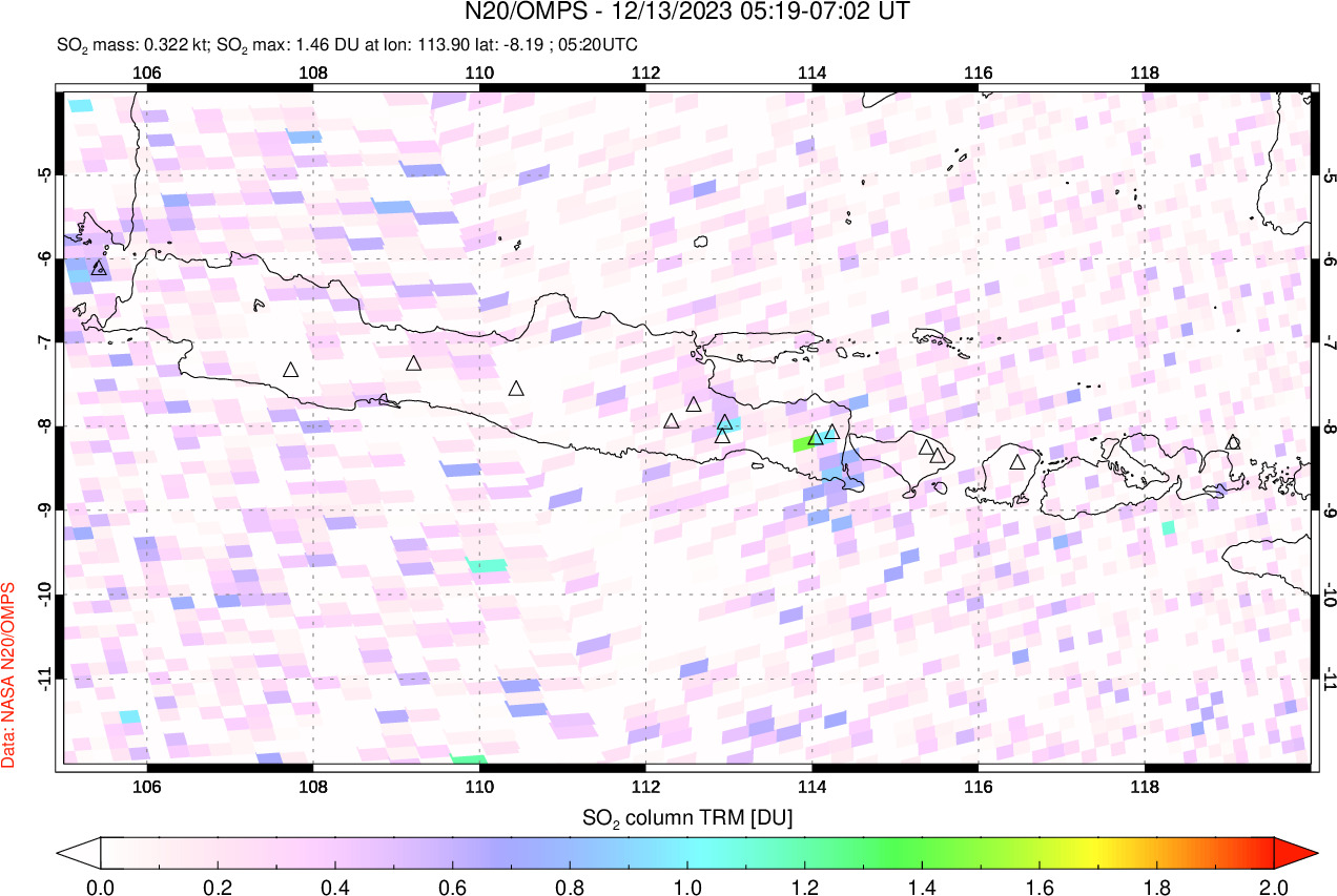 A sulfur dioxide image over Java, Indonesia on Dec 13, 2023.