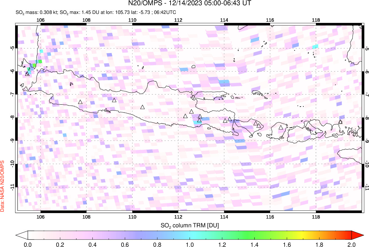 A sulfur dioxide image over Java, Indonesia on Dec 14, 2023.