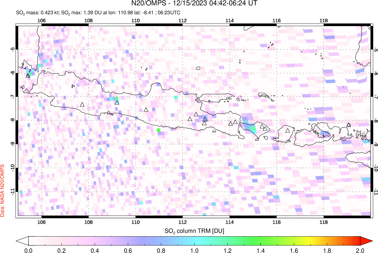 A sulfur dioxide image over Java, Indonesia on Dec 15, 2023.