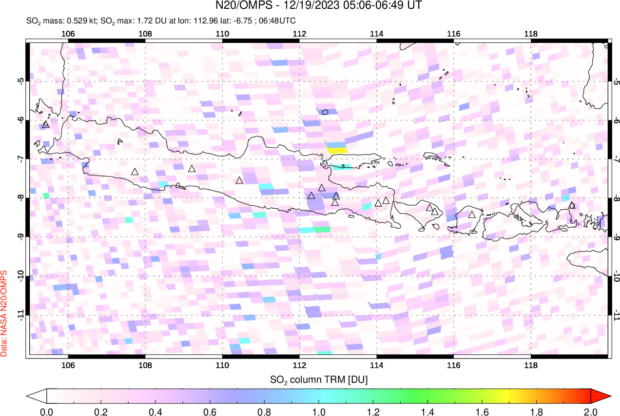 A sulfur dioxide image over Java, Indonesia on Dec 19, 2023.