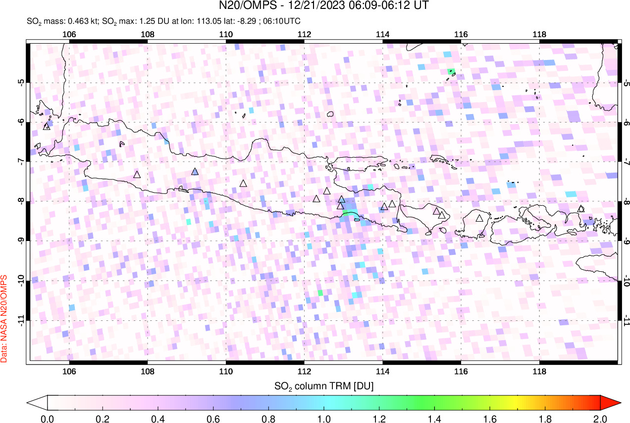 A sulfur dioxide image over Java, Indonesia on Dec 21, 2023.