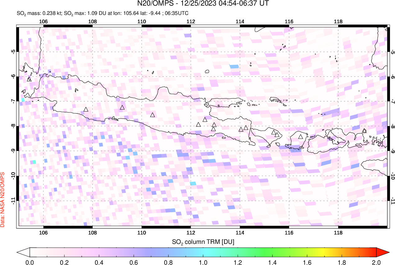 A sulfur dioxide image over Java, Indonesia on Dec 25, 2023.