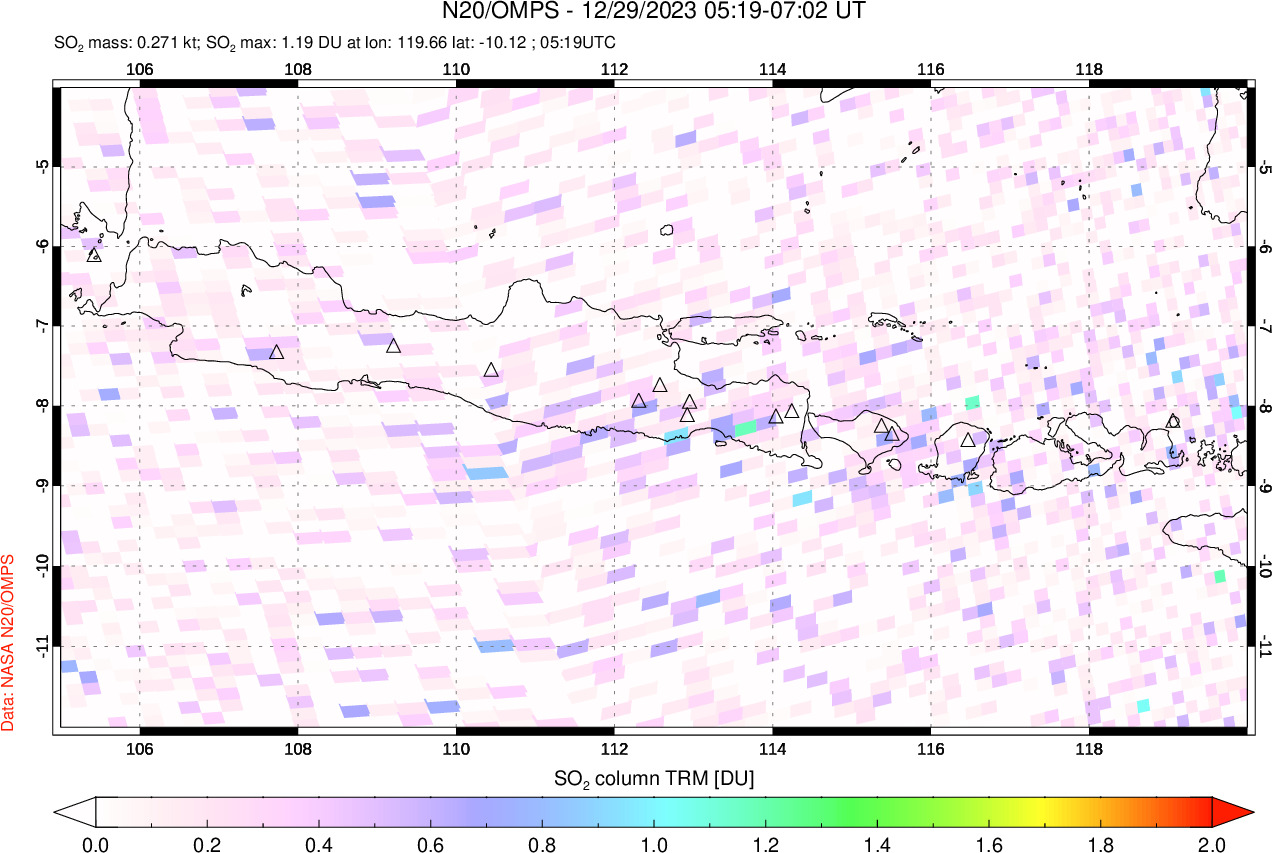 A sulfur dioxide image over Java, Indonesia on Dec 29, 2023.