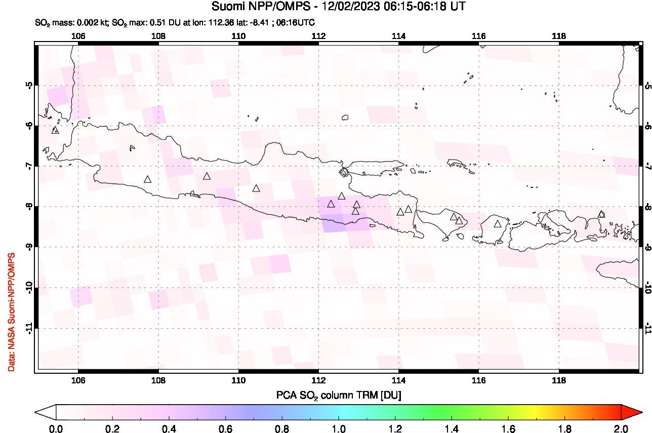 A sulfur dioxide image over Java, Indonesia on Dec 02, 2023.
