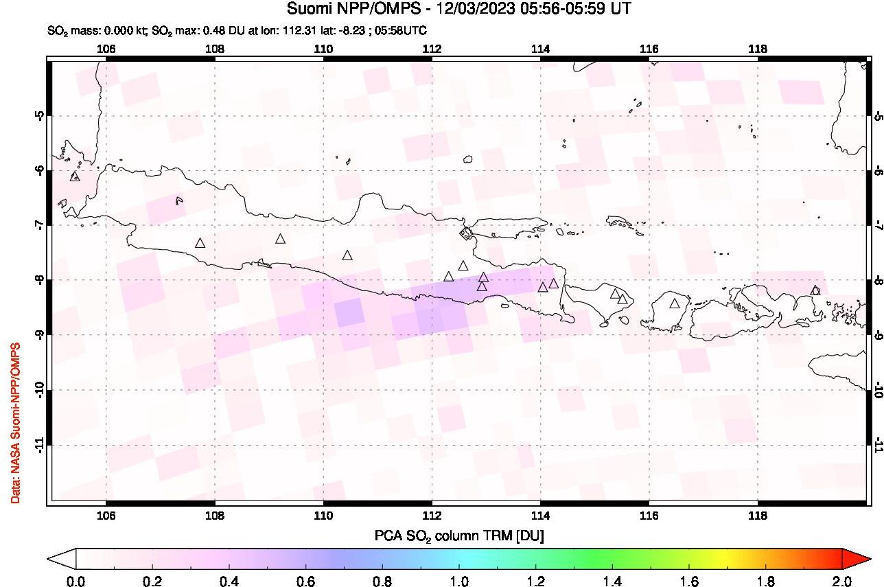 A sulfur dioxide image over Java, Indonesia on Dec 03, 2023.