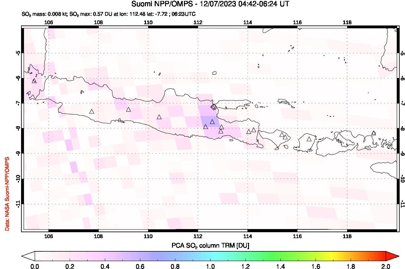 A sulfur dioxide image over Java, Indonesia on Dec 07, 2023.